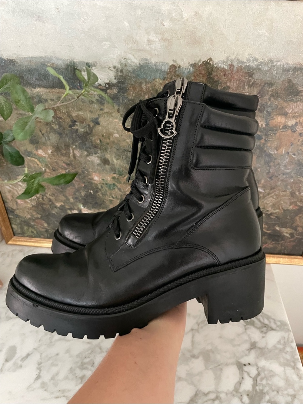 Moncler Viviane Leather Combat Boots Made in Italy Black Chunky Moto Size 40 - Picture 2 of 13